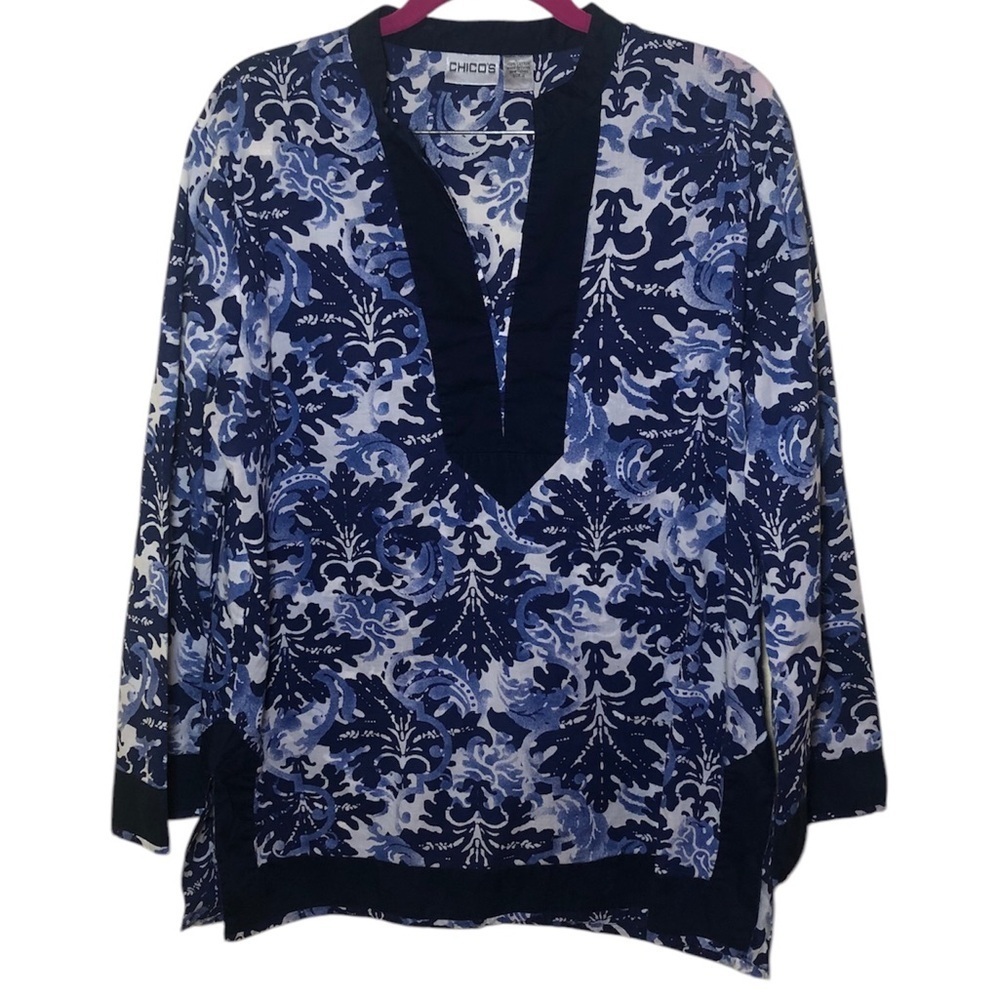 Chico's Tunic Top Blue White V-neck Long Sleeve Cotton Size 2 L